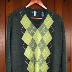 John Ashford Sz LG Vintage Green Argyle Golf Sweater V-Neck Italian Merino Wool
